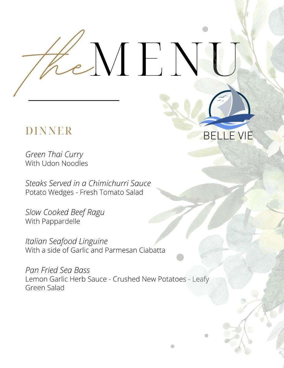 Belle Vie Bali 49 yacht catamaran dinner menu