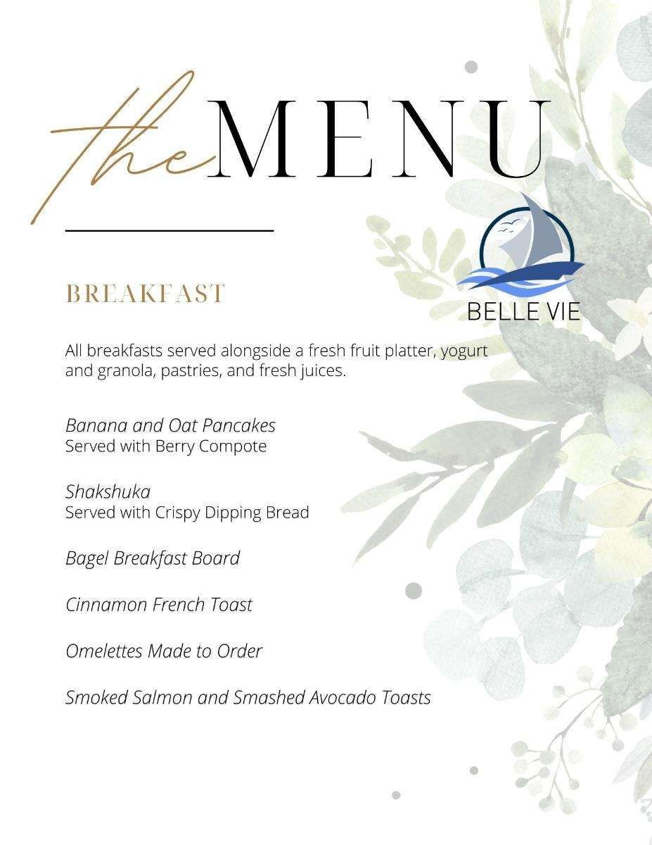 Belle Vie Bali 49 yacht catamaran Breakfast menu