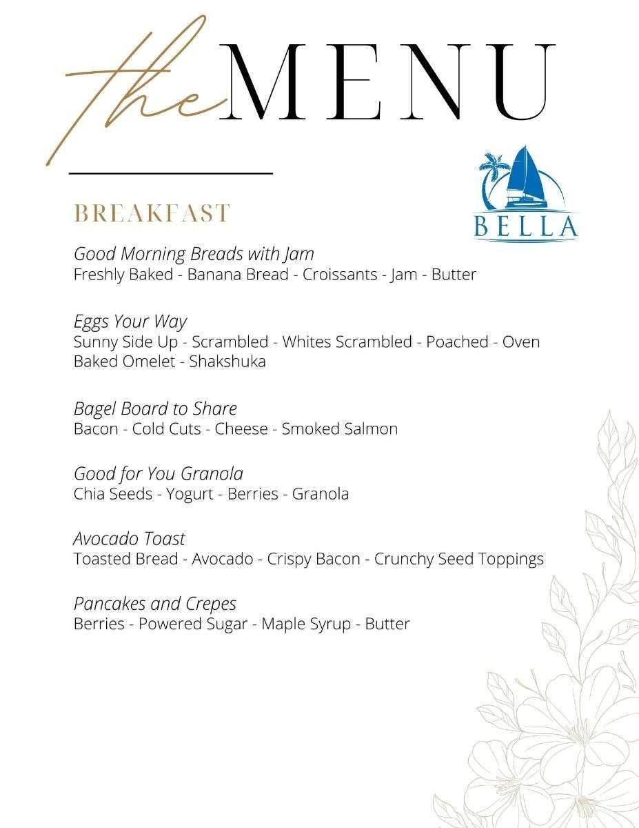 Bella Bali 49 yacht catamaran Breakfast menu